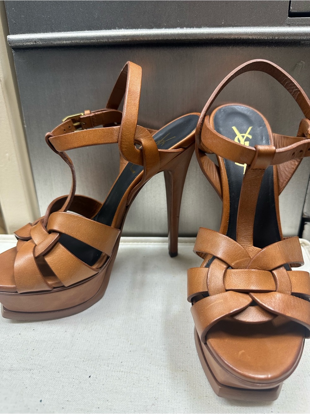 Yves Saint Laurent Tan Leather Platform T-Strap Heels